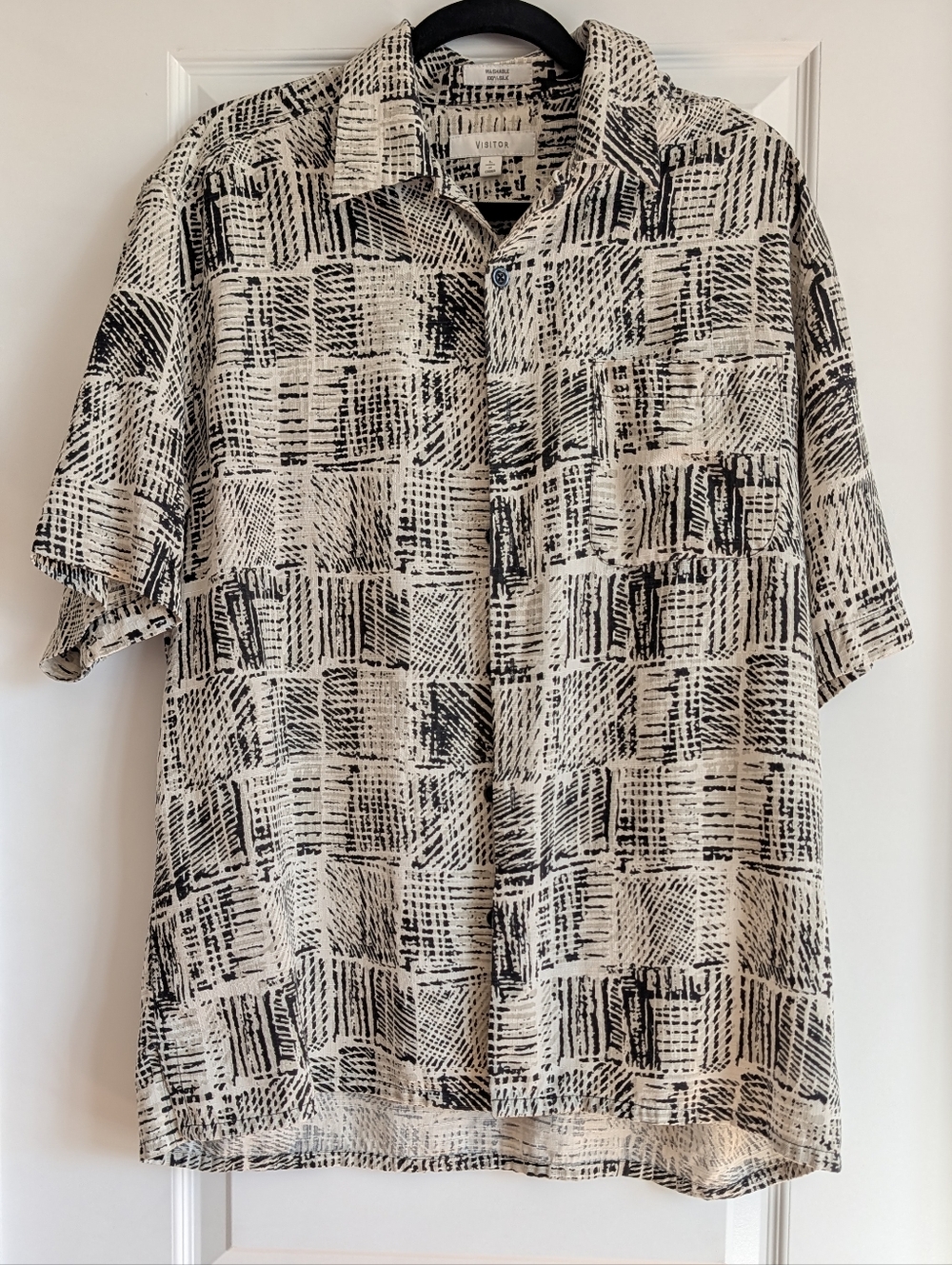 Visitor 100% Silk Washable Black White Geometric Grid Print Shirt L Minimalist